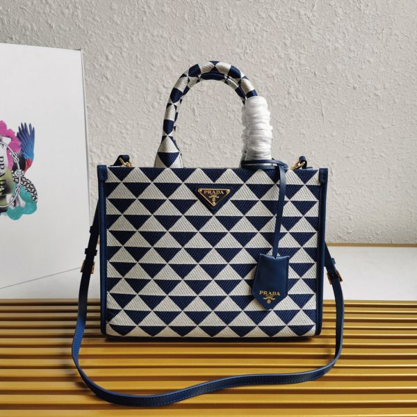 Contrefaçon petit sac Prada Symbole en tissu jacquard blanc/bleu – Image 6