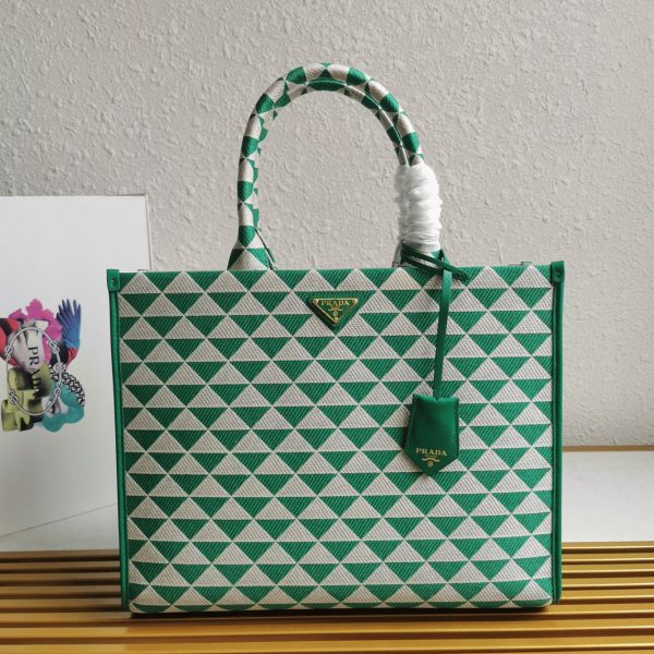 Faux grand sac Prada Symbole en tissu jacquard vert/blanc – Image 3