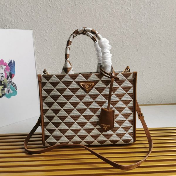 Contrefaçon petit sac Prada Symbole en tissu jacquard blanc/marron – Image 2
