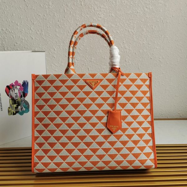 Imitation grand sac Prada Symbole en tissu jacquard orange/blanc – Image 5