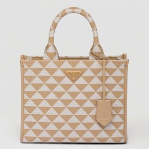 Faux petit sac Prada Symbole en tissu jacquard beige/blanc