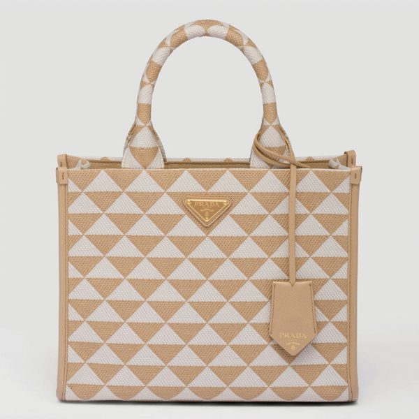 Contrefaçon grand sac Prada Symbole en tissu jacquard beige/blanc