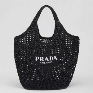 Faux grand cabas Prada en raphia tressé noir