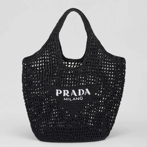 Faux grand cabas Prada en raphia tressé noir