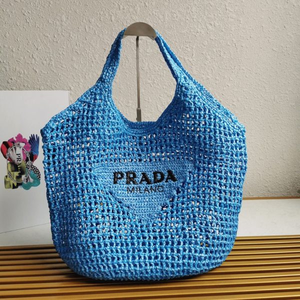 Grand cabas Prada en raphia tressé bleu – Image 4