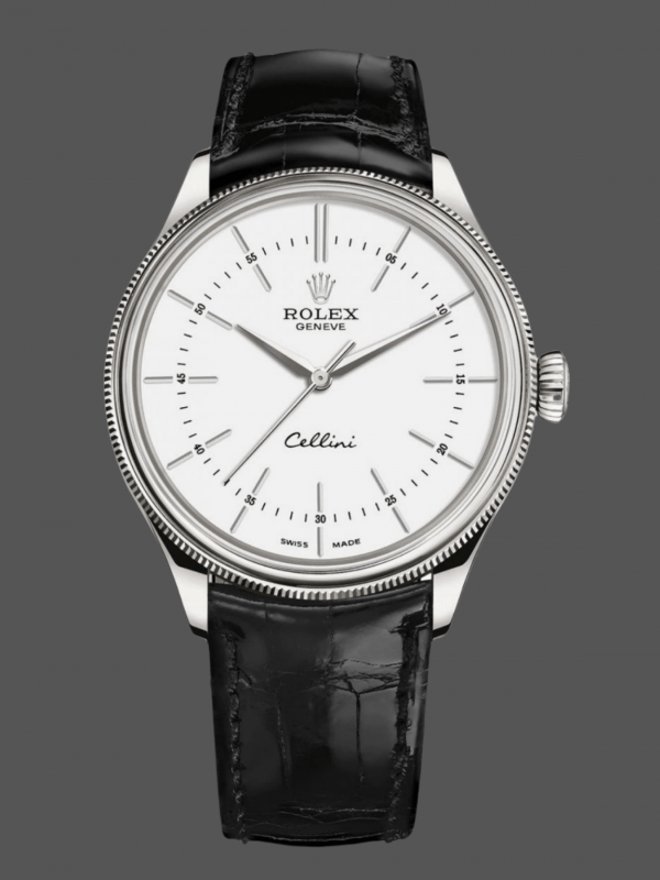 Rolex Cellini Time 50509 Bracelet Cuir Noir Cadran Blanc 39mm Montre Réplique Homme