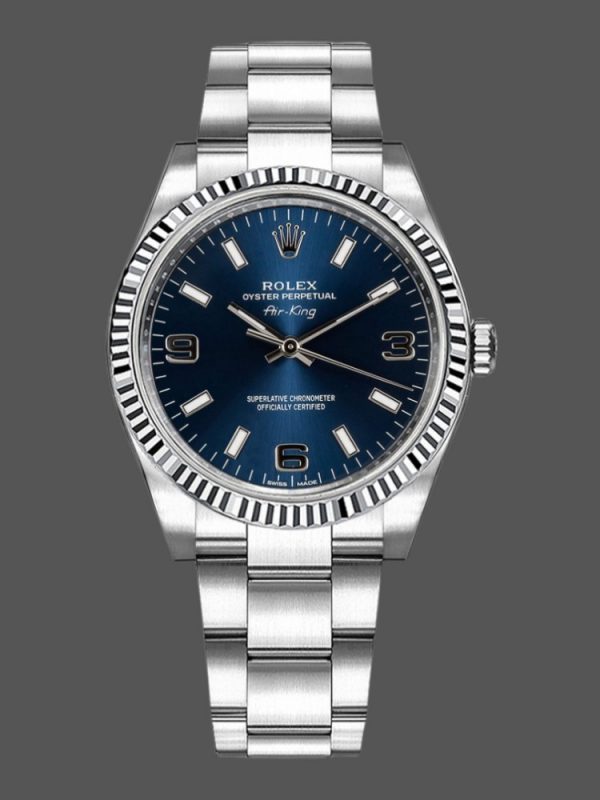Rolex Oyster Perpetual Air-King 114234 Cadran Bleu Lunette Or Blanc Cannelée 34mm Réplique Unisexe