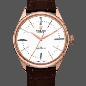 Rolex Cellini Time 50505 Bracelet Cuir Brun Cadran Blanc 39mm Montre Réplique Homme
