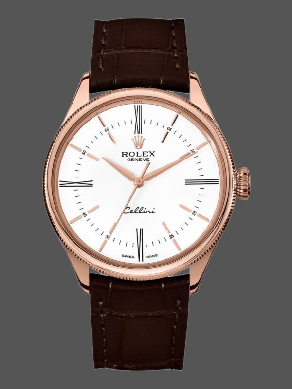 Rolex Cellini Time 50505 Bracelet Cuir Brun Cadran Blanc 39mm Montre Réplique Homme