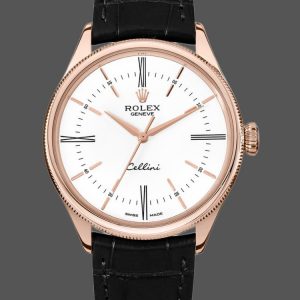 Rolex Cellini Time 50505 Bracelet Cuir Noir Cadran Blanc 39mm Montre Réplique Homme