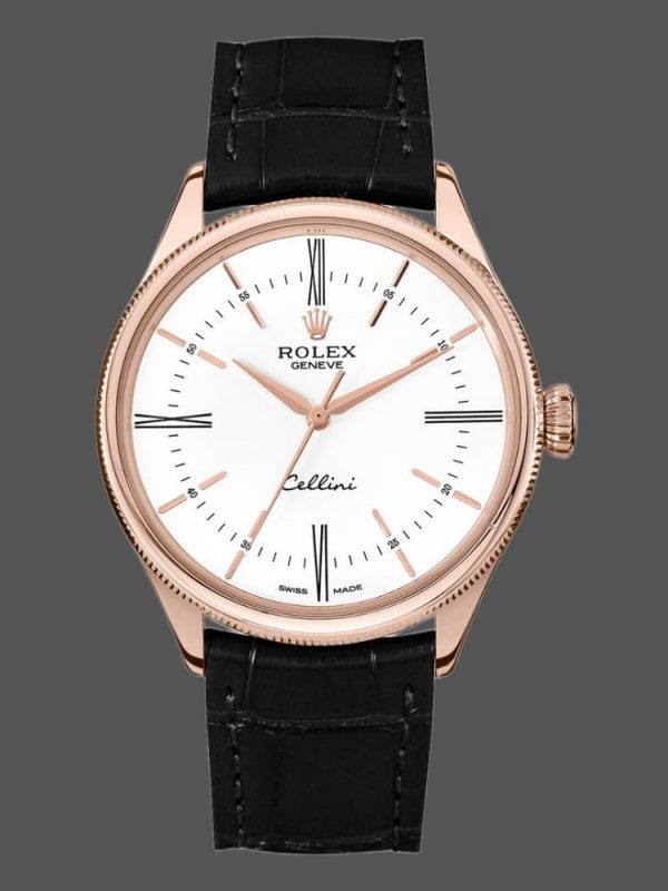 Rolex Cellini Time 50505 Bracelet Cuir Noir Cadran Blanc 39mm Montre Réplique Homme