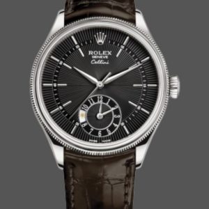 Rolex Cellini Dual Time 50529 Cadran Noir Bracelet Cuir Brun 39mm Montre Réplique Homme