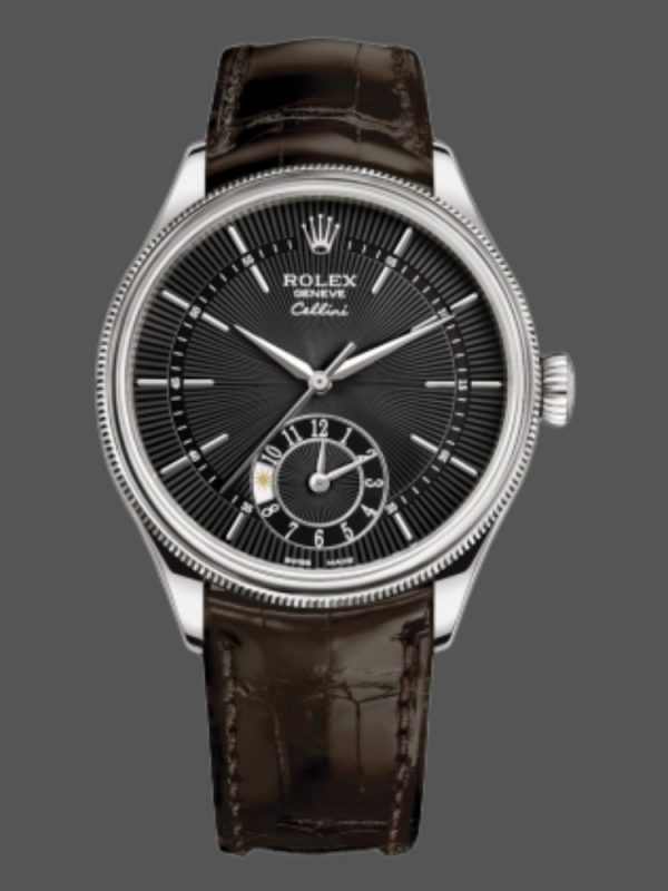 Rolex Cellini Dual Time 50529 Cadran Noir Bracelet Cuir Brun 39mm Montre Réplique Homme