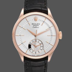 Rolex Cellini Dual Time 50525 Cadran Argent Bracelet Cuir Noir 39mm Montre Réplique Homme