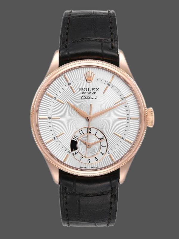 Rolex Cellini Dual Time 50525 Cadran Argent Bracelet Cuir Noir 39mm Montre Réplique Homme