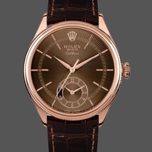 Rolex Cellini Dual Time 50525 Cadran Guilloché Brun Bracelet Cuir Brun 39mm Montre Réplique Homme