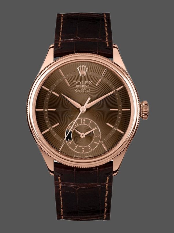 Rolex Cellini Dual Time 50525 Cadran Guilloché Brun Bracelet Cuir Brun 39mm Montre Réplique Homme