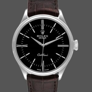 Rolex Cellini Time 50509 Bracelet Cuir Brun Cadran Noir 39mm Montre Réplique Homme