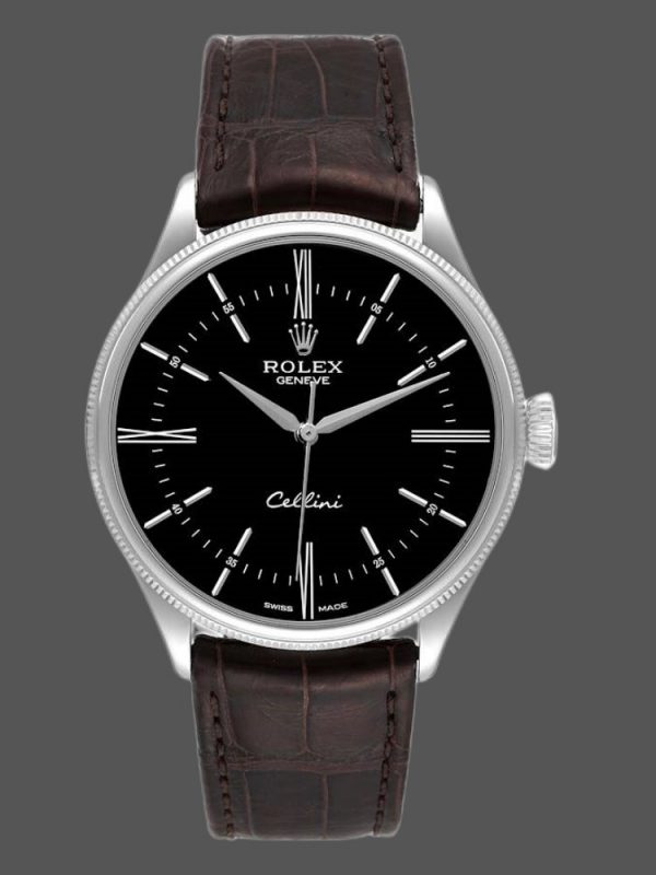Rolex Cellini Time 50509 Bracelet Cuir Brun Cadran Noir 39mm Montre Réplique Homme