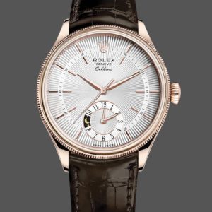 Rolex Cellini Dual Time 50525 Cadran Argent Bracelet Cuir Brun 39mm Montre Réplique Homme