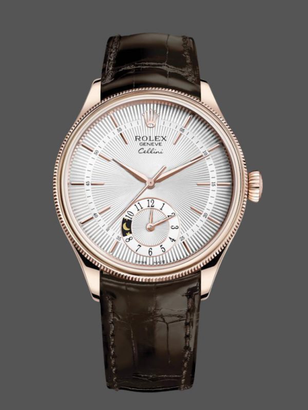 Rolex Cellini Dual Time 50525 Cadran Argent Bracelet Cuir Brun 39mm Montre Réplique Homme