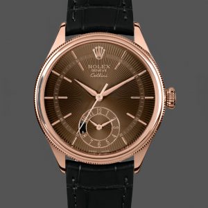 Rolex Cellini Dual Time 50525 Cadran Guilloché Brun Bracelet Cuir Noir 39mm Montre Réplique Homme