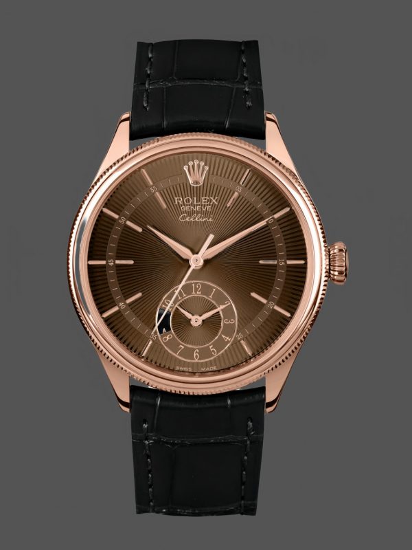 Rolex Cellini Dual Time 50525 Cadran Guilloché Brun Bracelet Cuir Noir 39mm Montre Réplique Homme