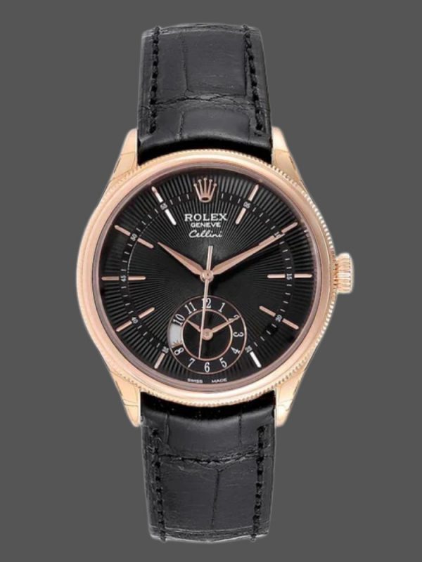 Rolex Cellini Dual Time 50525 Cadran Noir Bracelet Cuir Noir 39mm Montre Réplique Homme