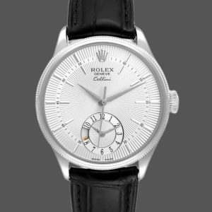 Rolex Cellini Dual Time 50529 Cadran Soleil Argent Bracelet Cuir Noir 39mm Montre Réplique Homme