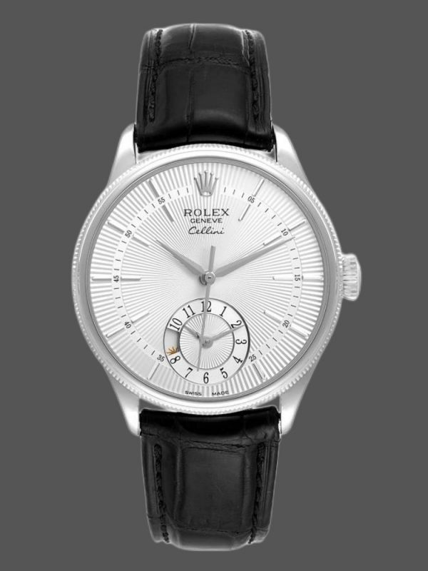 Rolex Cellini Dual Time 50529 Cadran Soleil Argent Bracelet Cuir Noir 39mm Montre Réplique Homme