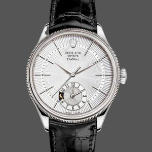 Rolex Cellini Dual Time 50529 Cadran Soleil Argent Bracelet Cuir Brun 39mm Montre Réplique Homme