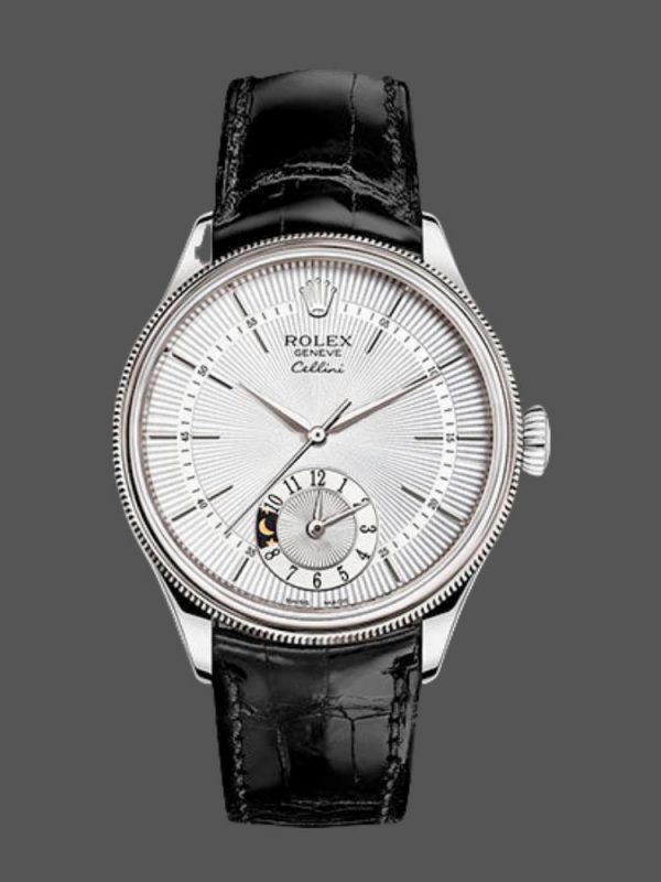 Rolex Cellini Dual Time 50529 Cadran Soleil Argent Bracelet Cuir Brun 39mm Montre Réplique Homme