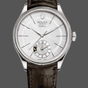 Rolex Cellini Dual Time 50529 Cadran Argent Bracelet Brun 39mm Montre Réplique Homme