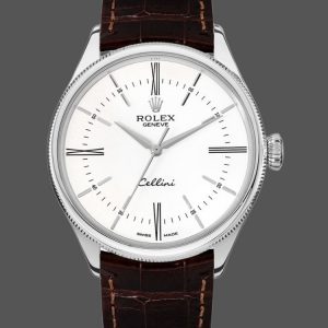 Rolex Cellini Time 50509 Bracelet Cuir Brun Cadran Blanc 39mm Montre Réplique Homme
