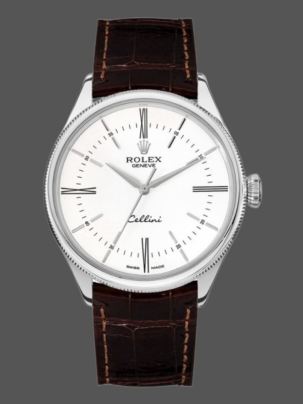 Rolex Cellini Time 50509 Bracelet Cuir Brun Cadran Blanc 39mm Montre Réplique Homme