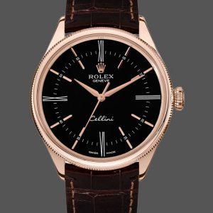 Rolex Cellini Time 50505 Bracelet Cuir Brun Cadran Noir 39mm Montre Réplique Homme