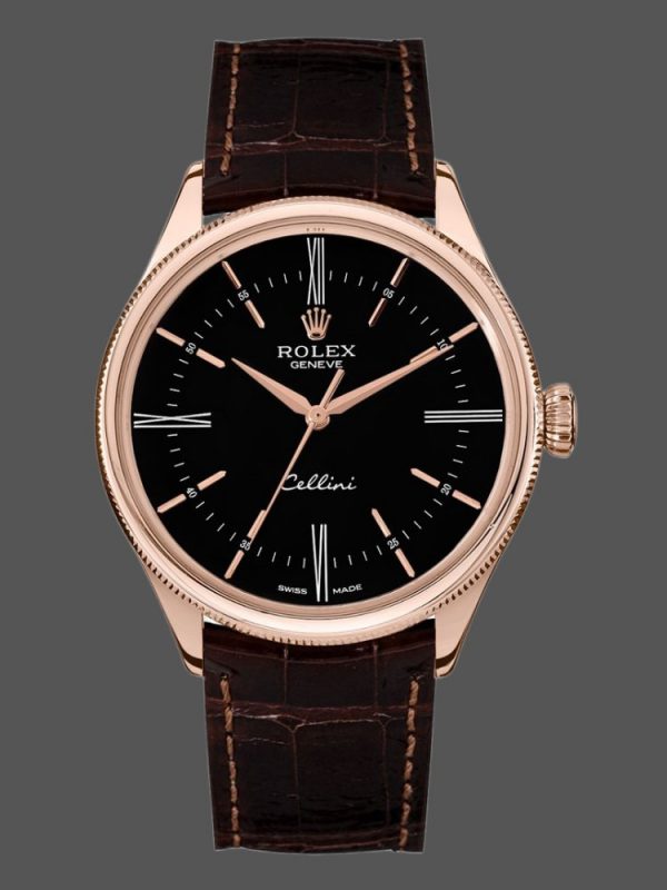 Rolex Cellini Time 50505 Bracelet Cuir Brun Cadran Noir 39mm Montre Réplique Homme