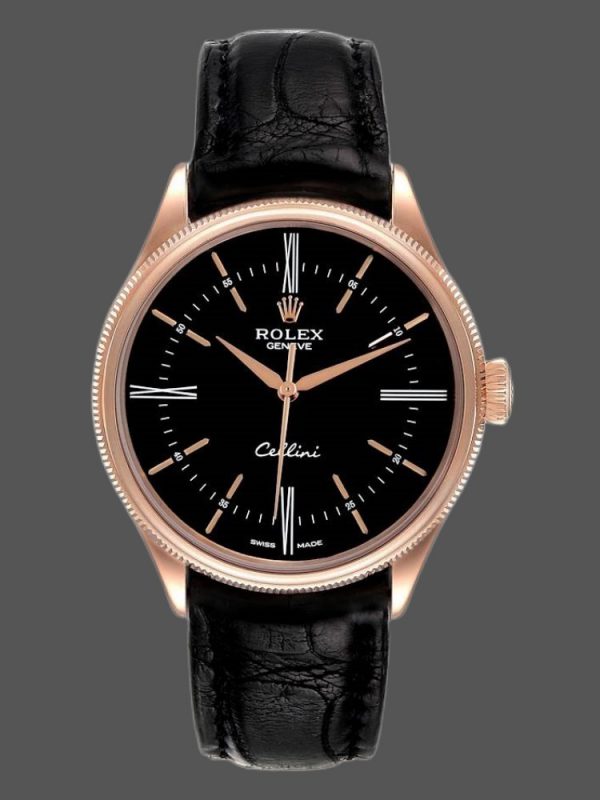 Rolex Cellini Time 50505 Bracelet Cuir Noir Cadran Noir 39mm Montre Réplique Homme
