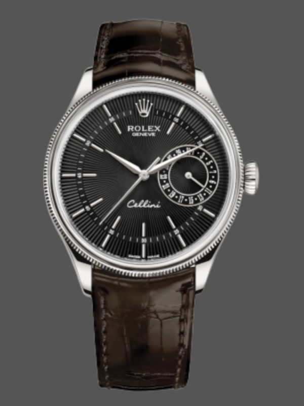 Rolex Cellini Date 50519 Bracelet Cuir Brun Cadran Noir 39mm Montre Réplique Homme
