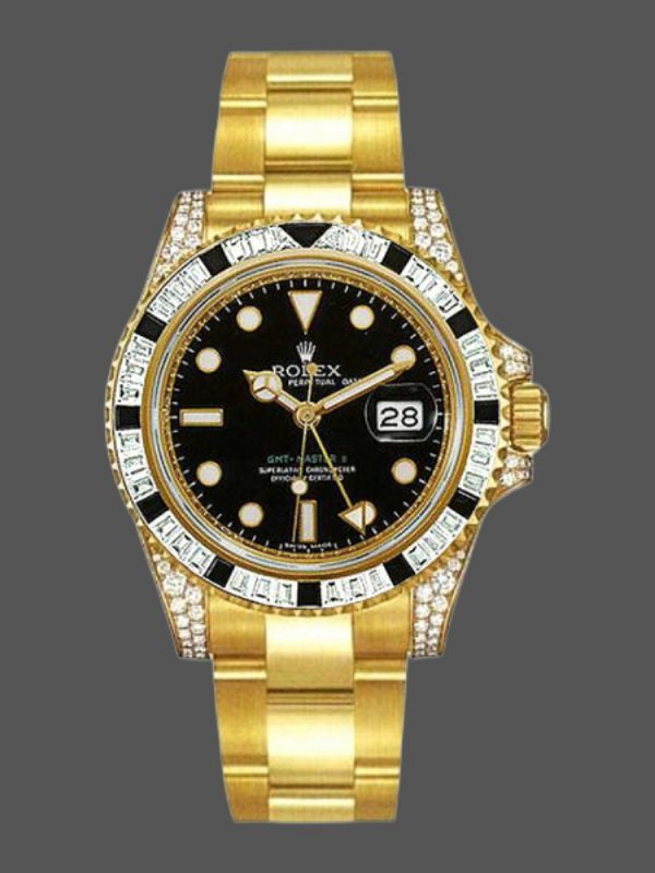 Rolex GMT-Master II 116758 Or Jaune Cadran Noir Diamants 40mm Montre Réplique Homme