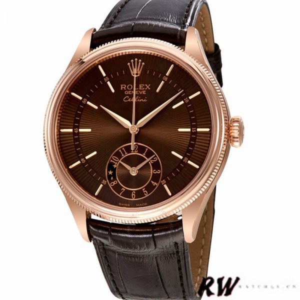 Rolex Cellini Dual Time 50525 Cadran Guilloché Brun Bracelet Cuir Brun 39mm Montre Réplique Homme – Image 5