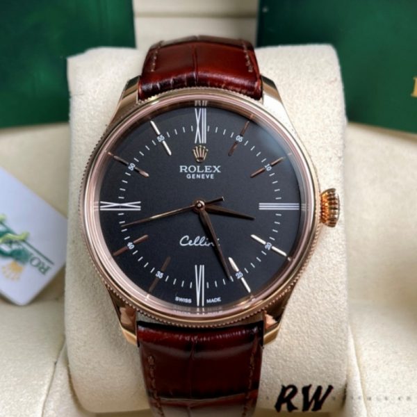 Rolex Cellini Time 50505 Bracelet Cuir Brun Cadran Noir 39mm Montre Réplique Homme – Image 6