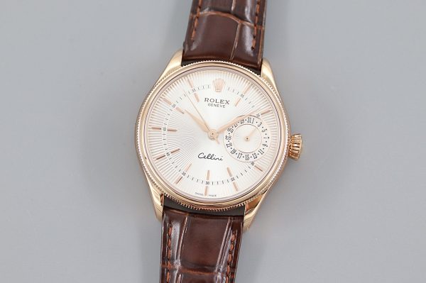 Rolex Cellini Date Or Rose Bracelet Cuir Crocodile Cadran Argent 50515 39mm Montre Réplique Homme – Image 10