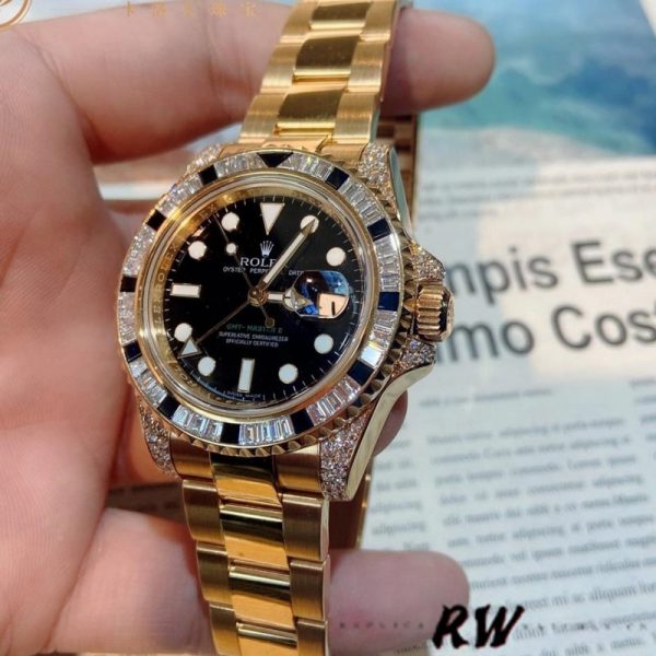 Rolex GMT-Master II 116758 Or Jaune Cadran Noir Diamants 40mm Montre Réplique Homme – Image 5
