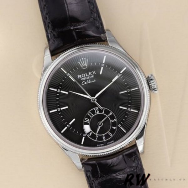 Rolex Cellini Dual Time 50529 Cadran Noir Bracelet Cuir Brun 39mm Montre Réplique Homme – Image 4