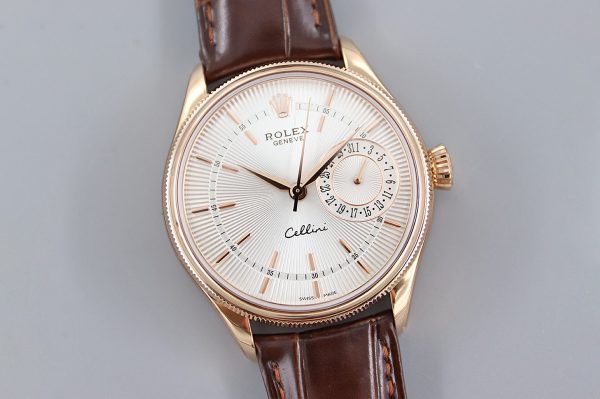 Rolex Cellini Date Or Rose Bracelet Cuir Crocodile Cadran Argent 50515 39mm Montre Réplique Homme – Image 9