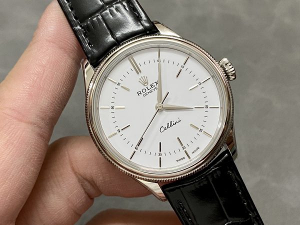 Rolex Cellini Time 50509 Bracelet Cuir Noir Cadran Blanc 39mm Montre Réplique Homme – Image 9