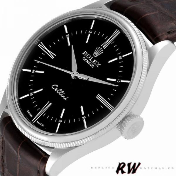 Rolex Cellini Time 50509 Bracelet Cuir Brun Cadran Noir 39mm Montre Réplique Homme – Image 4