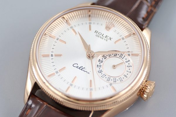 Rolex Cellini Date Or Rose Bracelet Cuir Crocodile Cadran Argent 50515 39mm Montre Réplique Homme – Image 8