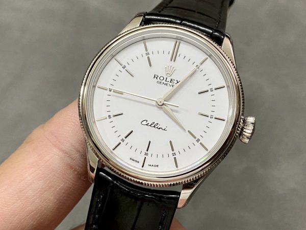 Rolex Cellini Time 50509 Bracelet Cuir Noir Cadran Blanc 39mm Montre Réplique Homme – Image 8